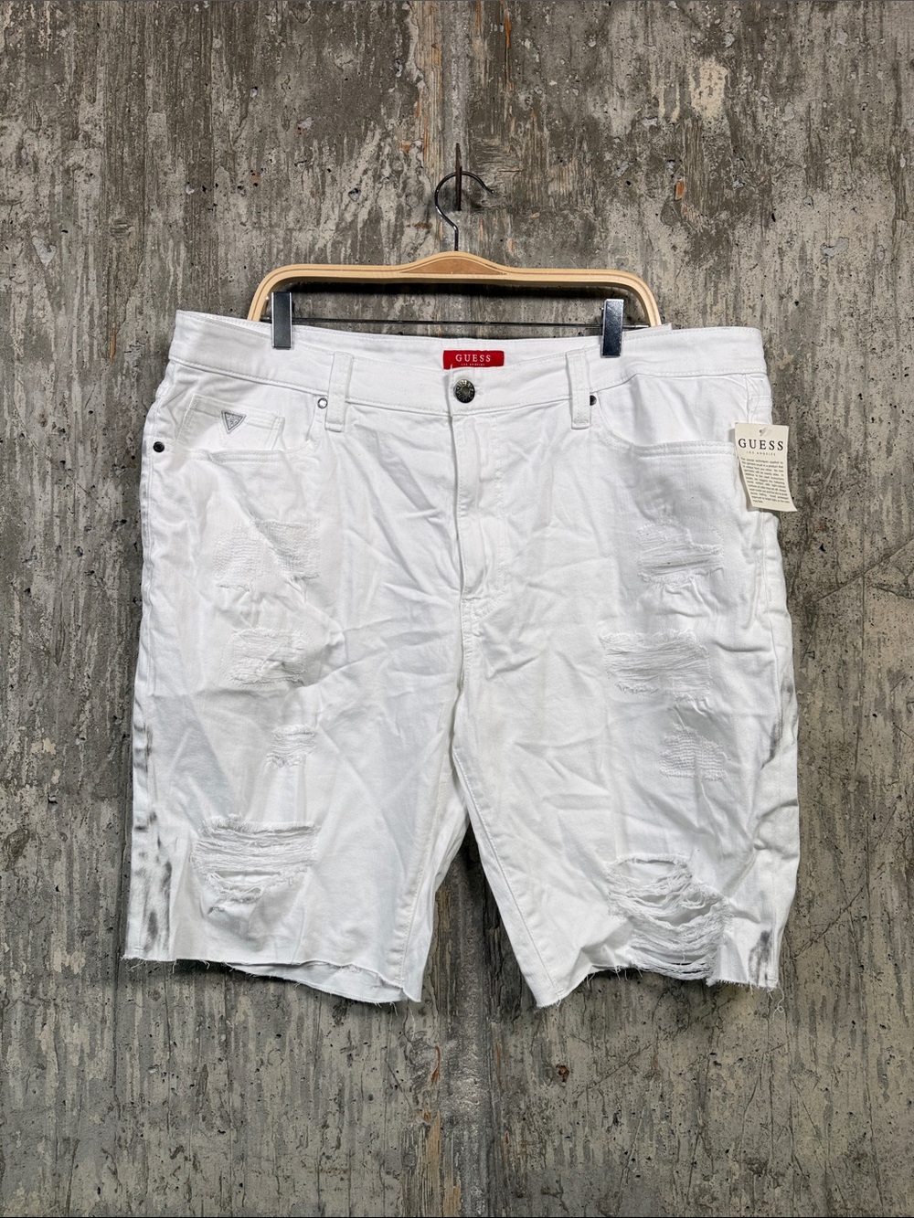 GUESS Men's Clarke Stretch Denim Shorts Size 40 in White Destroyed